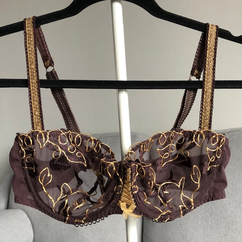 AUBADE Sheer Balconette Bra Underwire Lingerie France Floral Gold Maroon 38 D